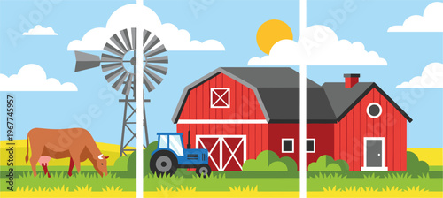 Colorful Farm Scene with Red Barn, Tractor, Windmill, and Grazing Cow for Agricultural and Rural Lifestyle Illustrations