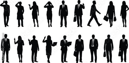 Silhouette, of, diverse, professional, business, group, people, standing, walking, using, laptops, and, briefcases, corporate, team, collection, isolated, white, background, set.