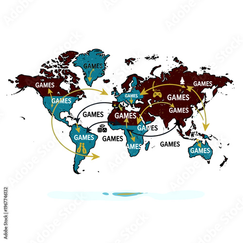 Vector Pinocut Depiction of global games distribution across continents.