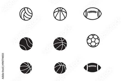 Sports Ball Icon Set – Minimal Line and Solid Basketball Football Soccer Volleyball Symbols