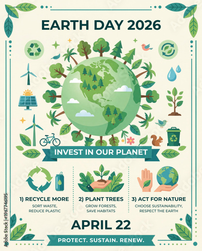 Earth Day 2026 Climate Action and Sustainability Flat Posters