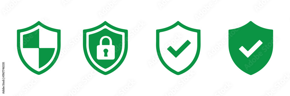 Obraz premium Security Shield Icons – Lock and Check Mark Protection Symbols, Safe Privacy Vector Set