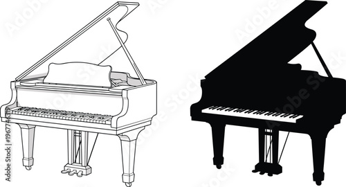 Grand piano line drawing and silhouette illustration, classical musical instrument vector isolated, elegant keyboard music equipment design for orchestra and performance