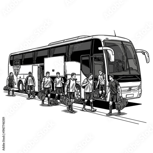 Vector Pinocut A football team about to get on a coach.