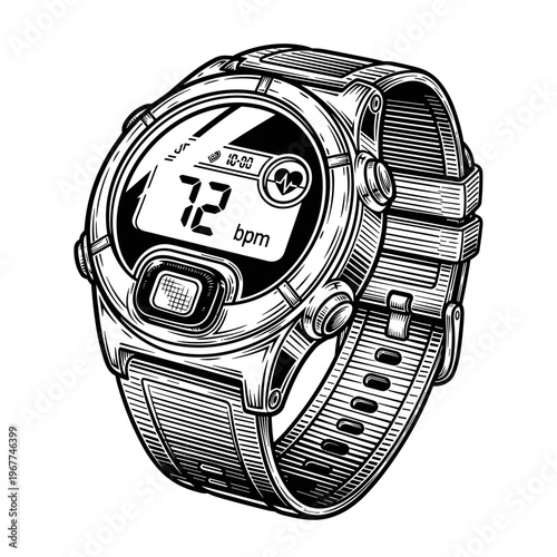 Vector Pinocut An illustration of a modern smartwatch displays a resting heart rate.