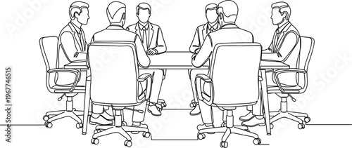 Professional corporate business team having a formal meeting around a boardroom table in minimalist line art style.