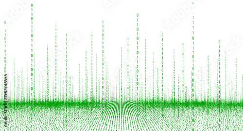 Binary code cascades in green matrix rain pattern, flowing cyber data streams creating futuristic hacker interface on dark digital background. Transparent background SVG version.