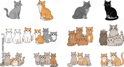 Cute Domestic Cat Collection with Different Breeds Colors and Poses Cartoon Pet Set Isolated on White Background