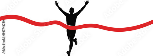 Silhouette, of, male, runner, crossing, red, finish, line, tape, arms, raised, in, victory, celebrating, marathon, success, winning, race, isolated, background.