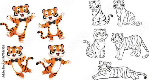 Playful Animated Tigers in Bow Ties and Elegant Line Art Tiger Designs for Animal-Themed Illustrations and New Year Celebrations