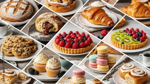 A collage of 13 photos showcasing various sweet and savory baked goods, including pastries, tarts, and desserts