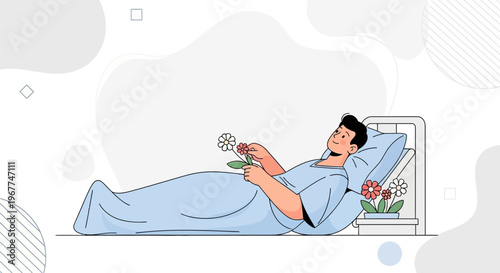 Man in hospital bed holding flowers, recovering and smiling