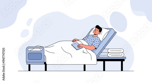 Man in Hospital Bed Holding Tablet, Recovering Patient Illustration