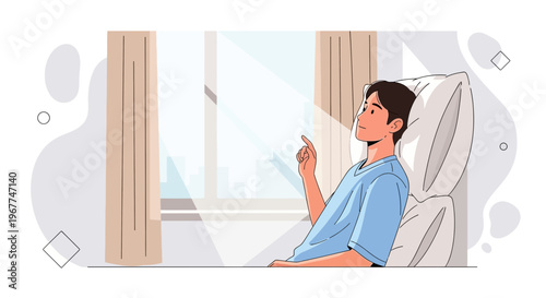Man in hospital bed looking out window, sun rays, hope, recovery concept