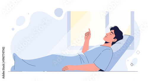 Man in hospital bed looking up with finger raised, recovery and hope concept