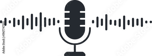 Microphone icon with sound waves representing audio recording, voice recognition and podcast communication symbol illustration
