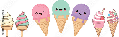 Cute Ice Cream Cartoon Collection with Different Flavors Cones and Funny Expressions Kawaii Dessert Set Isolated on White Background