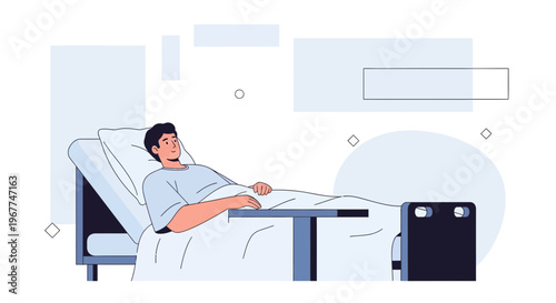 Man in Hospital Bed Recovering, Medical Care Illustration