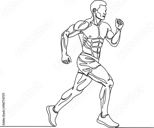 Side view continuous line art vector illustration of a muscular male athlete running for sports and fitness concepts.