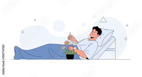 Man in hospital bed receiving flowers, illustration