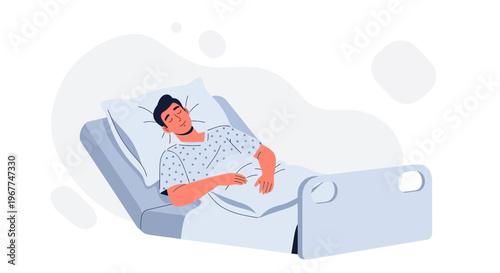 Man in hospital bed, recovering, medical treatment, healthcare concept illustration