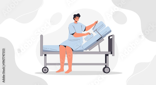 Man in hospital gown adjusting adjustable hospital bed, medical care concept