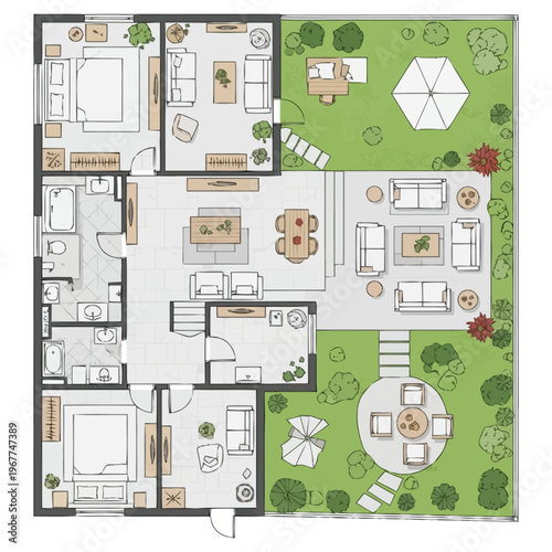 Spacious Floor Plan Layout For Modern Family Home With Multiple Bedrooms Outdoor Living Areas And Garden Space furniture icons interior design