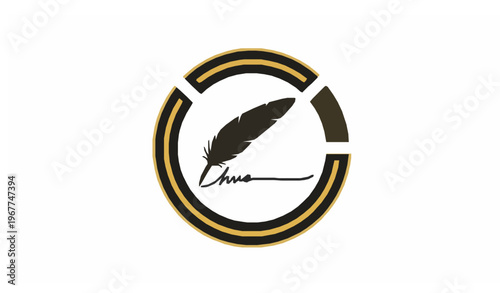 A stylized logo featuring a feather and signature in a circular design