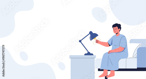 Man in hospital gown turning on bedside lamp, sitting on hospital bed