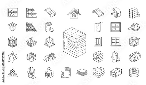 A collection of construction icons in a minimal line art style