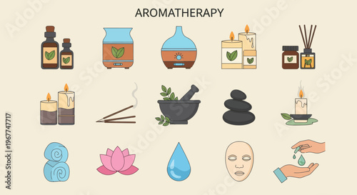 Aromatherapy Icons: Essential Oils, Diffuser, Candles, Spa Stones, Lotus, Face Mask