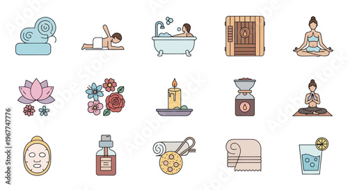 Spa and Wellness Icons Set: Relaxation, Beauty, Yoga, Massage, Bath, Sauna, Aromatherapy