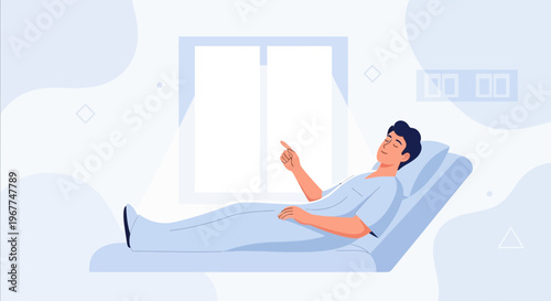 Man Lying in Hospital Bed Pointing Finger, Medical Care Concept