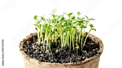 Close-up macro of fresh green seedlings growing in rich soil. Concept of new life, growth, sustainability, and organic farming