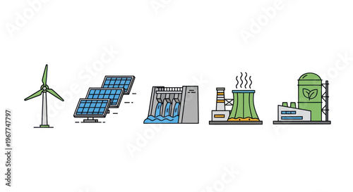 Renewable Energy Icons: Wind Turbine, Solar Panels, Dam, Cooling Tower, Biomass Plant