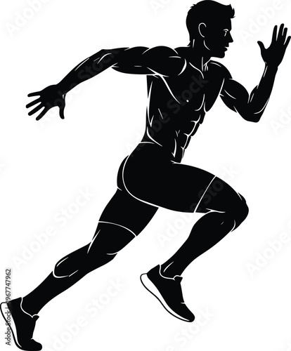 Silhouette, of, muscular, man, running, fast, sprinting, athlete, fitness, workout, exercise, speed, motion, active, lifestyle, training, jogger, isolated, white, background.