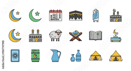 Islamic Icons: Hajj, Ramadan, Eid, Mosque, Quran, Kaaba, Eid al-Adha Symbols
