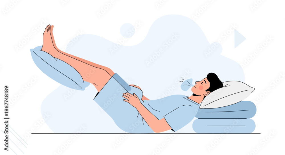 Obraz premium Man resting with legs elevated on pillows, breathing deeply, calm and relaxed
