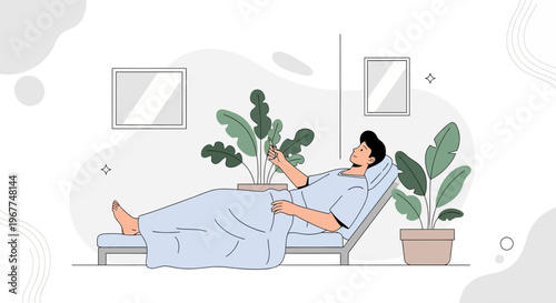 Man resting in hospital bed with plants and artwork in room