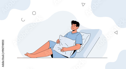 Man resting in hospital bed, holding pillow, feeling unwell, medical care concept