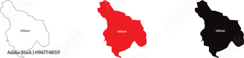 Minimalist Isfahan province map silhouette set in white, red, and black colors, vector illustration of Iran regional geography design

