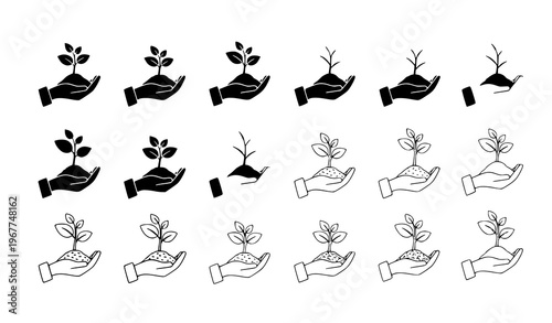A set of vector icons depicting hands holding and nurturing small plants