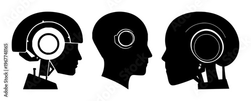 Machine learning robot head set with solid black icon on white background featuring machine learning, artificial intelligence, robotics with silhouette and profile