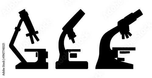 Microscope set with solid black icon design featuring microscope, science, equipment with vector illustration and medical graphics