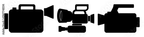 Video camera icon set with solid black icon on white background featuring camera, video, recording with technology and media