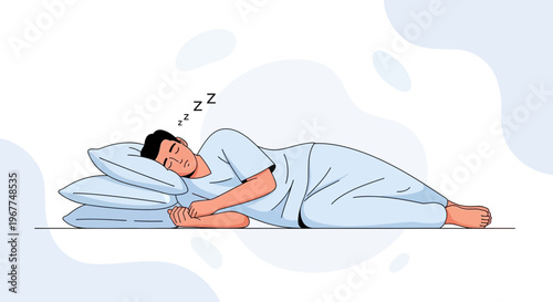 Man sleeping peacefully on pillows, illustration of rest and relaxation