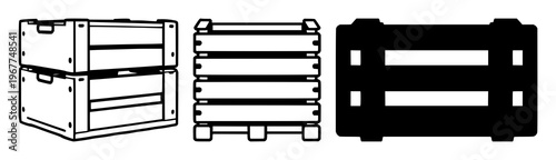 Stackable crate icon set with single solid black symbol on white background featuring logistics, shipping, warehousing with crate, pallet and storage and supply chain