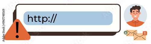 Cybersecurity, online safety, identity theft, phishing protection, website attacks, secure communication. Browser with alert icon, user avatar and emails. Cybersecurity and online safety concept