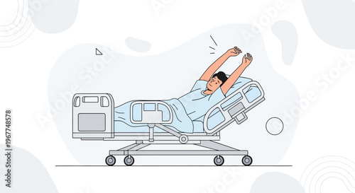 Man stretching in hospital bed, recovery, wellness, healthcare concept illustration