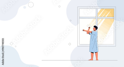 Man stretching by window with sunbeams, morning light, healthy lifestyle, wellness, relaxation